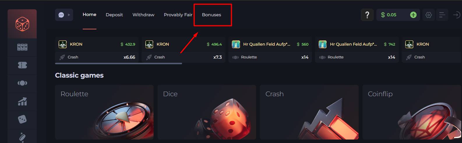 “Bonuses” tab in the top menu