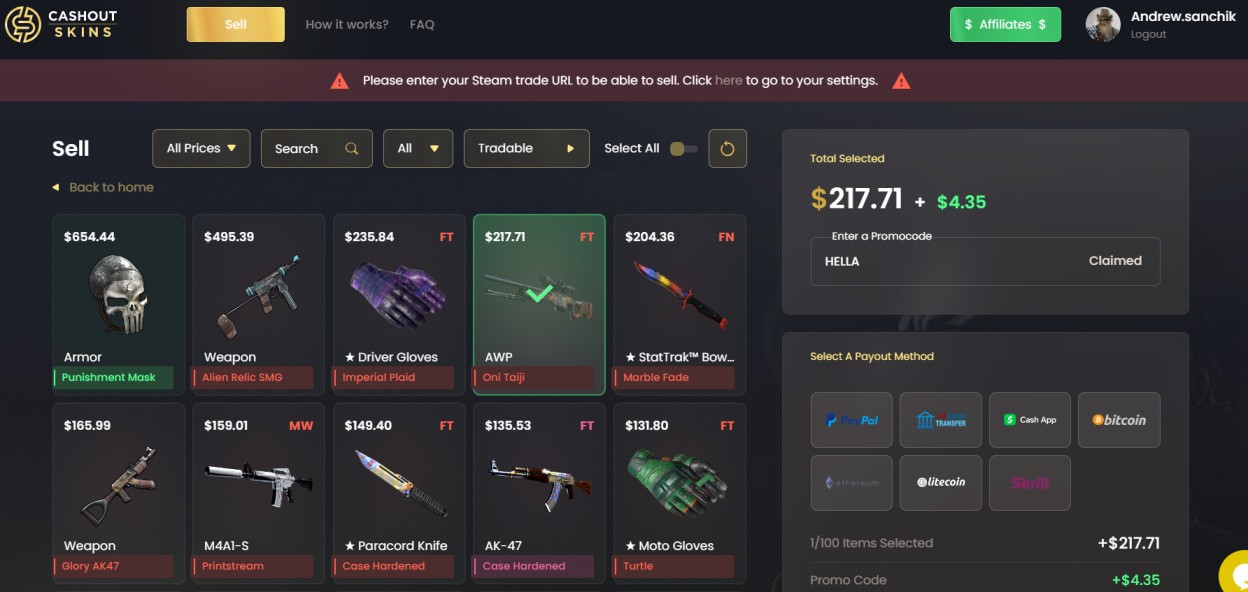 cashoutskins продажа многих скинов ксго
