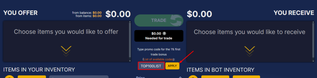 Enter the code “TOP100LIST” and press the “APPLY”