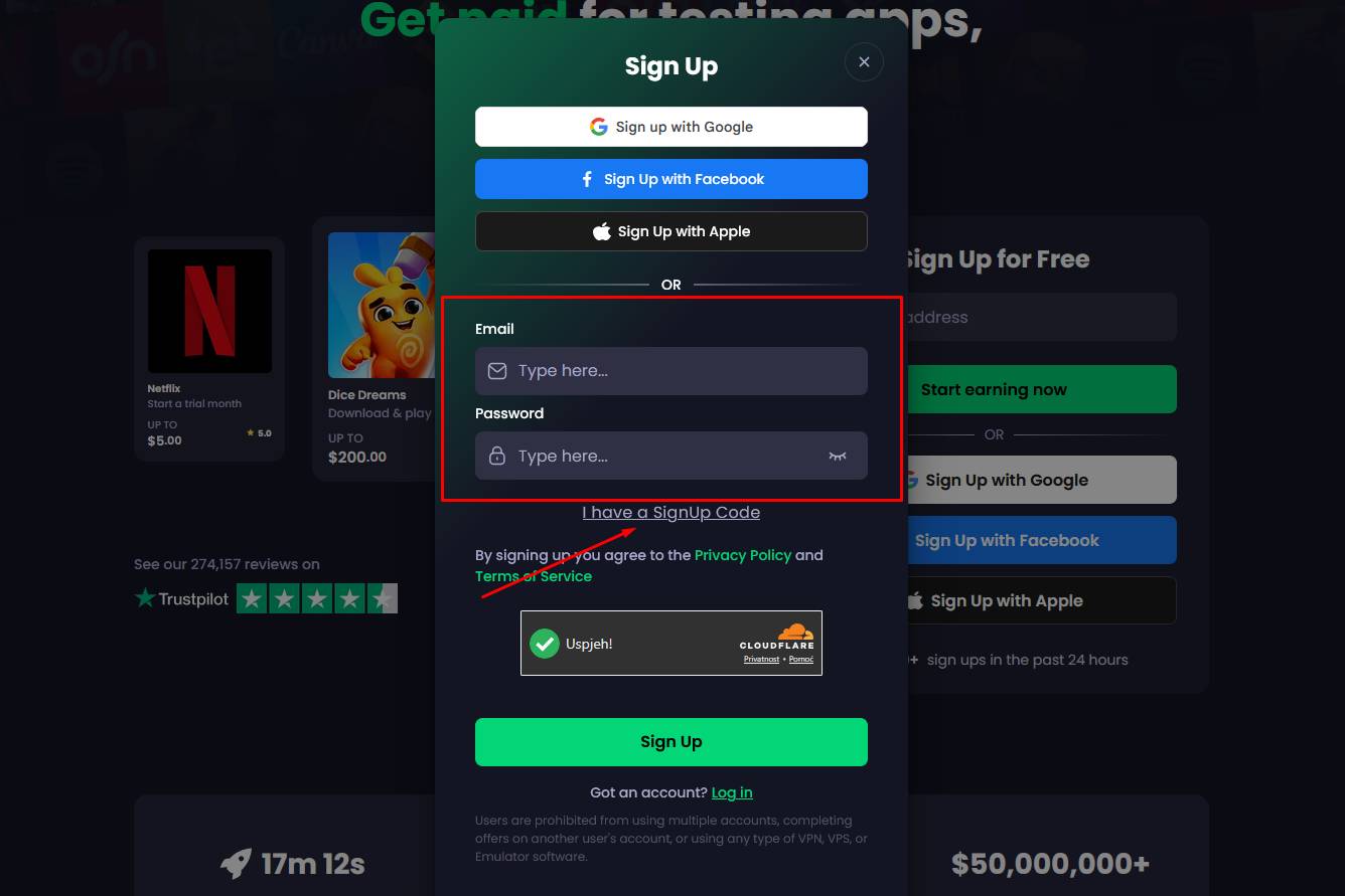 click the “I have a SignUp Code” text