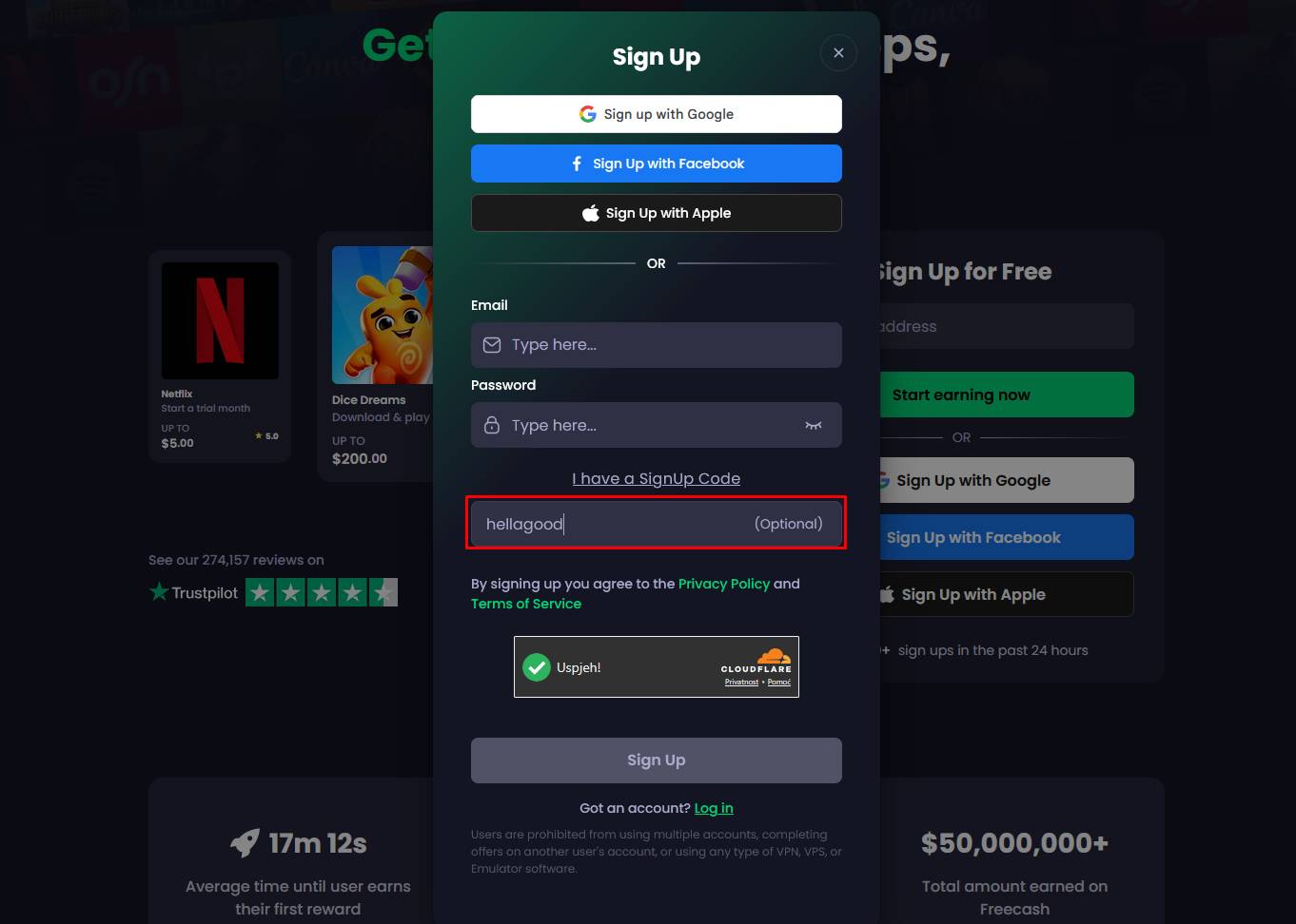Freecash referral code “hellagood”.