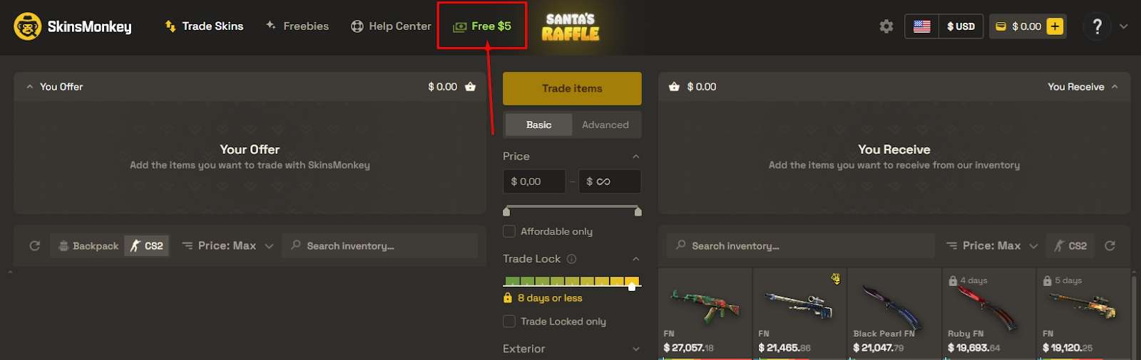 Click on the “Free $5” text