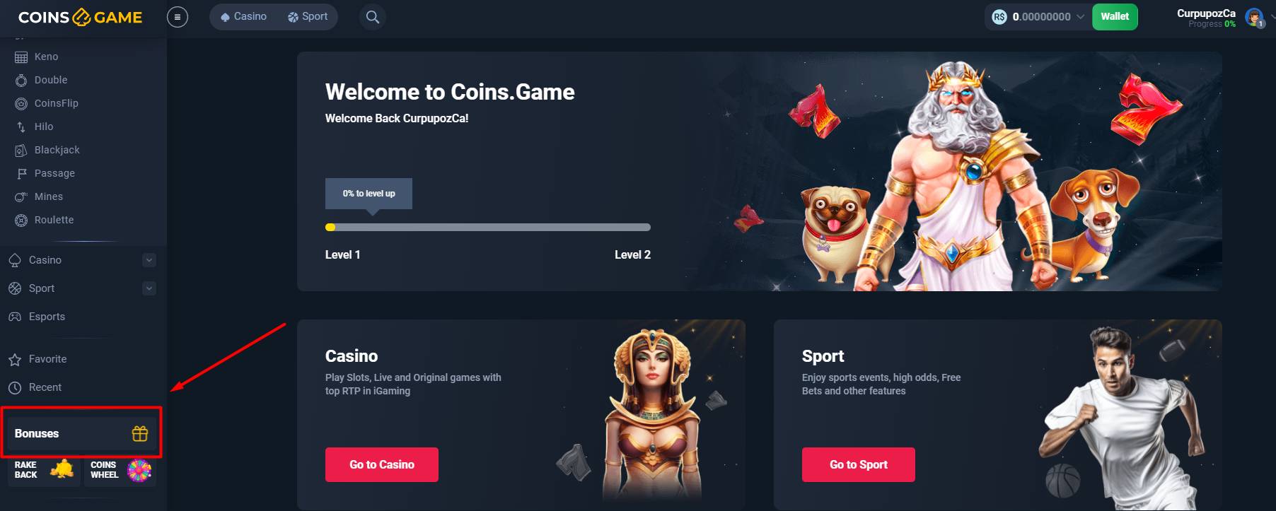 coins.game casino bonus section