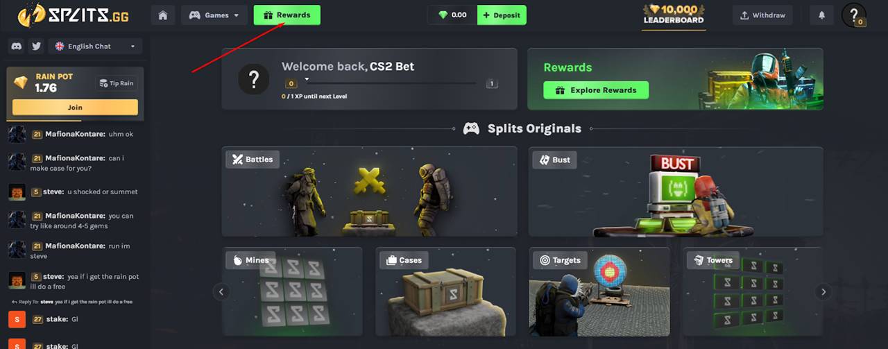 Click the “Rewards” button