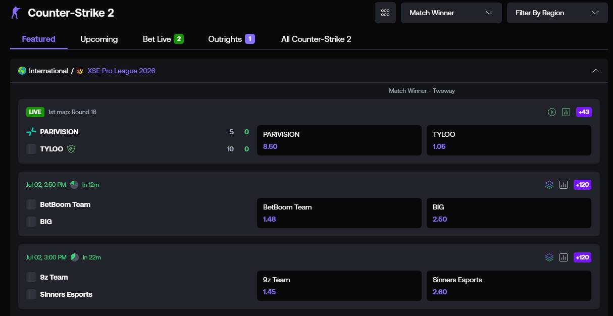 Shuffle Esports Match Betting