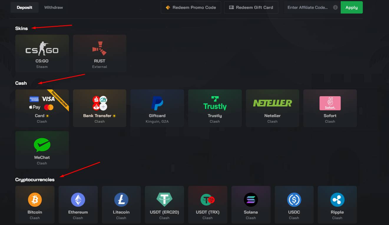 Deposit skins or funds