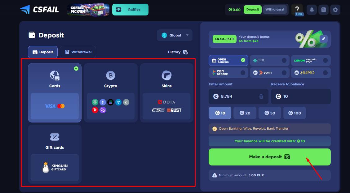 Make a qualifying deposit and claim bonus